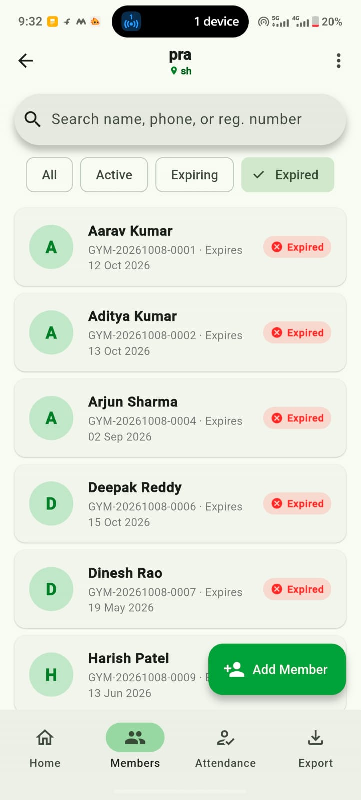 GymPing screen showing members who are about to expire and who already have